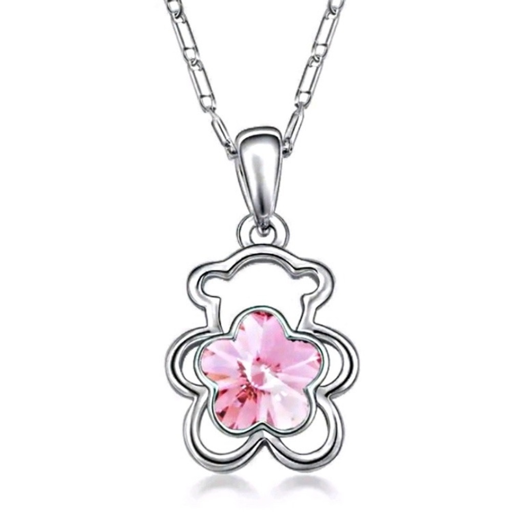 Light Pink Crystal Bear Pendant Charm & Necklace